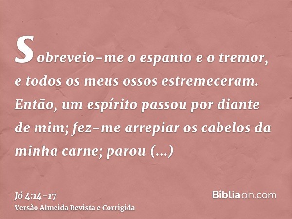 sobreveio-me o espanto e o tremor, e todos os meus ossos estremeceram.Então, um espírito passou por diante de mim; fez-me arrepiar os cabelos da minha carne;par