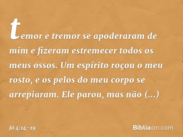 temor e tremor
se apoderaram de mim
e fizeram estremecer
todos os meus ossos. Um espírito roçou o meu rosto,
e os pelos do meu corpo
se arrepiaram. Ele parou,
m