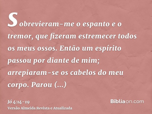 sobrevieram-me o espanto e o tremor, que fizeram estremecer todos os meus ossos.Então um espírito passou por diante de mim; arrepiaram-se os cabelos do meu corp