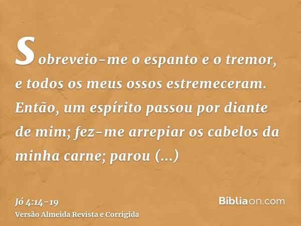 sobreveio-me o espanto e o tremor, e todos os meus ossos estremeceram.Então, um espírito passou por diante de mim; fez-me arrepiar os cabelos da minha carne;par