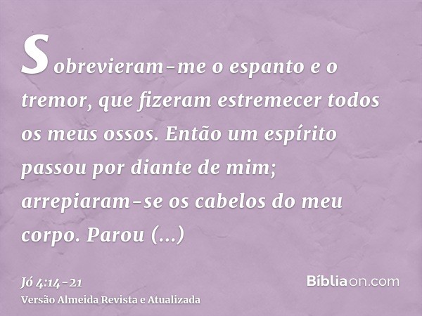 sobrevieram-me o espanto e o tremor, que fizeram estremecer todos os meus ossos.Então um espírito passou por diante de mim; arrepiaram-se os cabelos do meu corp