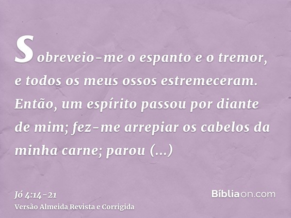 sobreveio-me o espanto e o tremor, e todos os meus ossos estremeceram.Então, um espírito passou por diante de mim; fez-me arrepiar os cabelos da minha carne;par