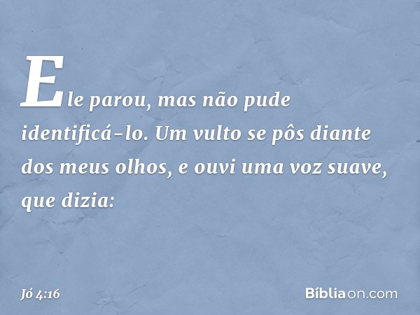 Ele parou,
mas não pude identificá-lo.
Um vulto se pôs
diante dos meus olhos,
e ouvi uma voz suave, que dizia: -- Jó 4:16