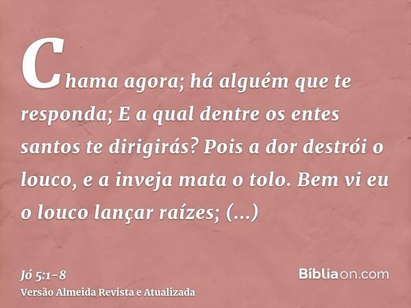 Chama agora; há alguém que te responda; E a qual dentre os entes santos te dirigirás?Pois a dor destrói o louco, e a inveja mata o tolo.Bem vi eu o louco lançar