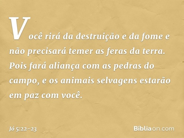 Você rirá da destruição e da fome
e não precisará temer as feras da terra. Pois fará aliança
com as pedras do campo,
e os animais selvagens
estarão em paz com v