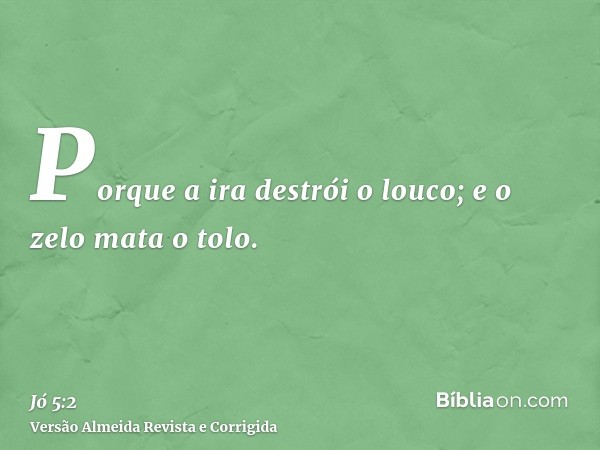 Porque a ira destrói o louco; e o zelo mata o tolo.