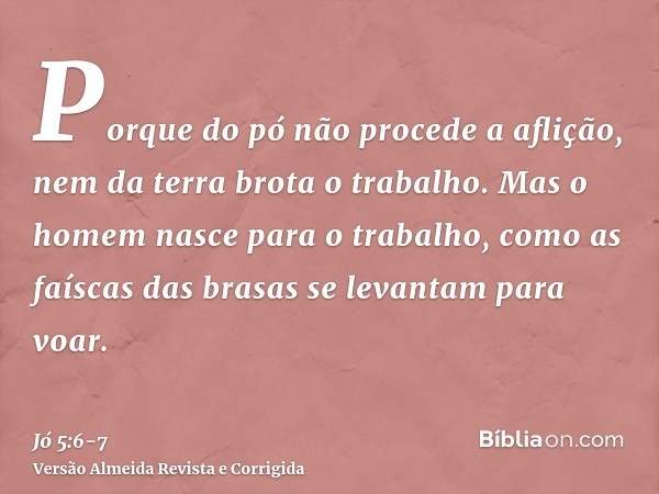 Porque do pó não procede a aflição, nem da terra brota o trabalho.Mas o homem nasce para o trabalho, como as faíscas das brasas se levantam para voar.