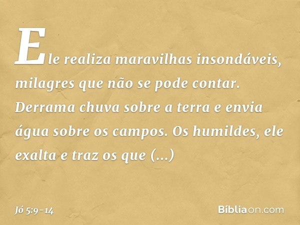 Ele realiza maravilhas insondáveis,
milagres que não se pode contar. Derrama chuva sobre a terra
e envia água sobre os campos. Os humildes, ele exalta
e traz os