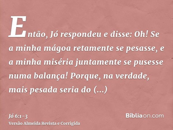 Então, Jó respondeu e disse:Oh! Se a minha mágoa retamente se pesasse, e a minha miséria juntamente se pusesse numa balança!Porque, na verdade, mais pesada seri