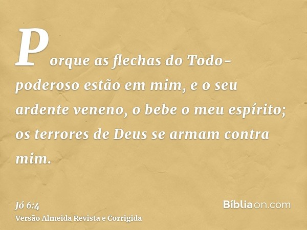 Porque as flechas do Todo-poderoso estão em mim, e o seu ardente veneno, o bebe o meu espírito; os terrores de Deus se armam contra mim.
