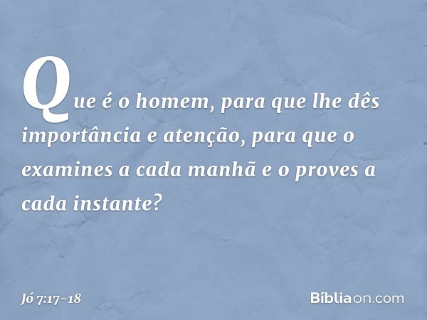 "Que é o homem,
para que lhe dês importância
e atenção, para que o examines a cada manhã
e o proves a cada instante? -- Jó 7:17-18