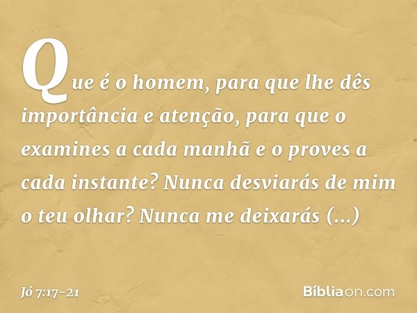 "Que é o homem,
para que lhe dês importância
e atenção, para que o examines a cada manhã
e o proves a cada instante? Nunca desviarás de mim o teu olhar?
Nunca m