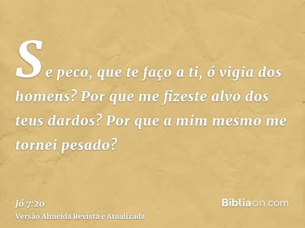 Se peco, que te faço a ti, ó vigia dos homens? Por que me fizeste alvo dos teus dardos? Por que a mim mesmo me tornei pesado?