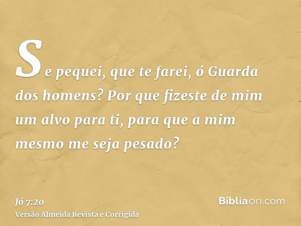 Se pequei, que te farei, ó Guarda dos homens? Por que fizeste de mim um alvo para ti, para que a mim mesmo me seja pesado?