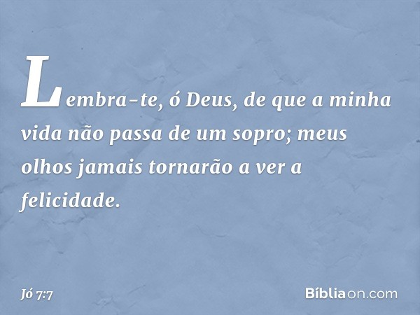 Lembra-te, ó Deus,
de que a minha vida
não passa de um sopro;
meus olhos jamais
tornarão a ver a felicidade. -- Jó 7:7