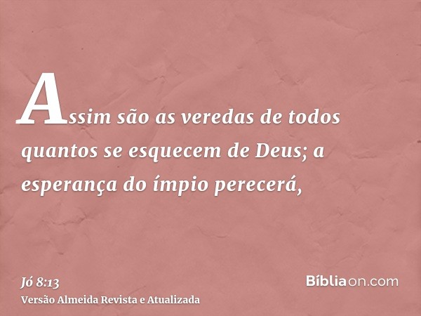 Assim são as veredas de todos quantos se esquecem de Deus; a esperança do ímpio perecerá,