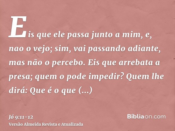 Eis que ele passa junto a mim, e, nao o vejo; sim, vai passando adiante, mas não o percebo.Eis que arrebata a presa; quem o pode impedir? Quem lhe dirá: Que é o