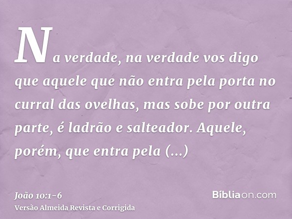 Na verdade, na verdade vos digo que aquele que não entra pela porta no curral das ovelhas, mas sobe por outra parte, é ladrão e salteador.Aquele, porém, que ent