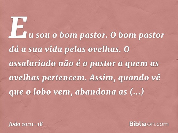 "Eu sou o bom pastor. O bom pastor dá a sua vida pelas ovelhas. O assalariado não é o pastor a quem as ovelhas pertencem. Assim, quando vê que o lobo vem, aband