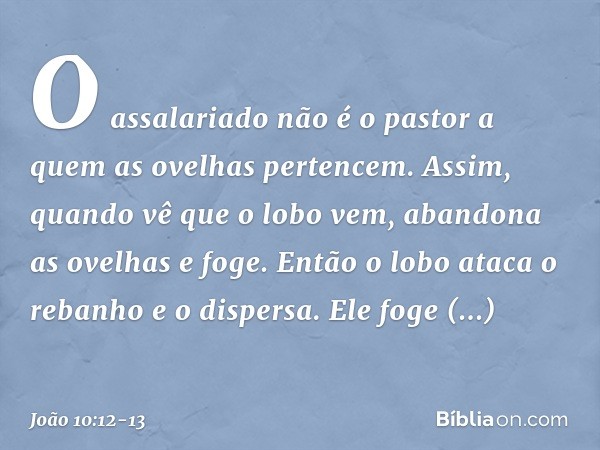 O assalariado não é o pastor a quem as ovelhas pertencem. Assim, quando vê que o lobo vem, abandona as ovelhas e foge. Então o lobo ataca o rebanho e o dispersa