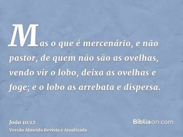 Mas o que é mercenário, e não pastor, de quem não são as ovelhas, vendo vir o lobo, deixa as ovelhas e foge; e o lobo as arrebata e dispersa.