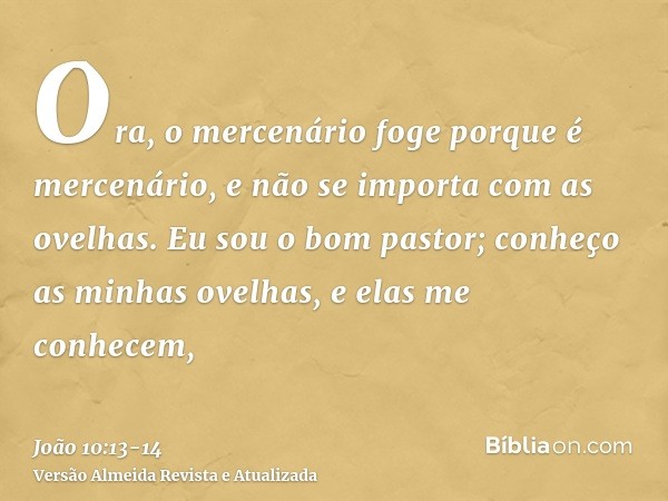 Ora, o mercenário foge porque é mercenário, e não se importa com as ovelhas.Eu sou o bom pastor; conheço as minhas ovelhas, e elas me conhecem,