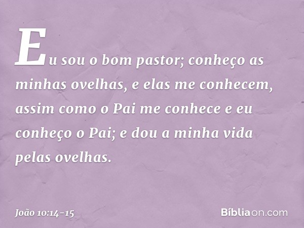 "Eu sou o bom pastor; conheço as minhas ovelhas, e elas me conhecem, assim como o Pai me conhece e eu conheço o Pai; e dou a minha vida pelas ovelhas. -- João 1