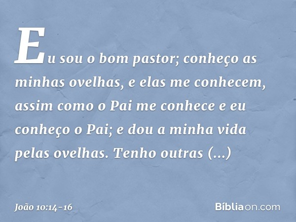 "Eu sou o bom pastor; conheço as minhas ovelhas, e elas me conhecem, assim como o Pai me conhece e eu conheço o Pai; e dou a minha vida pelas ovelhas. Tenho out