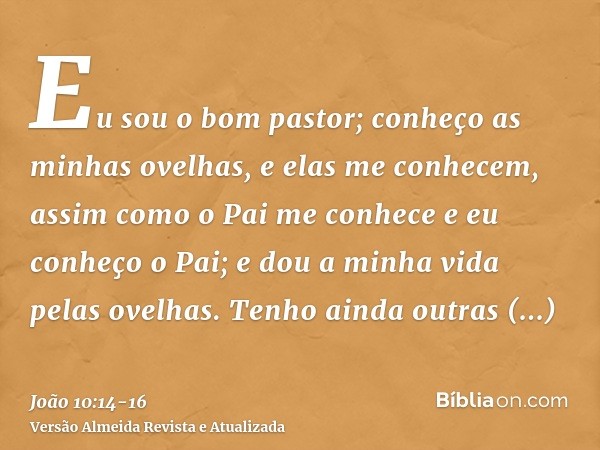 Eu sou o bom pastor; conheço as minhas ovelhas, e elas me conhecem,assim como o Pai me conhece e eu conheço o Pai; e dou a minha vida pelas ovelhas.Tenho ainda 