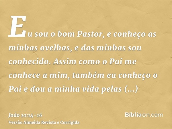 Eu sou o bom Pastor, e conheço as minhas ovelhas, e das minhas sou conhecido.Assim como o Pai me conhece a mim, também eu conheço o Pai e dou a minha vida pelas