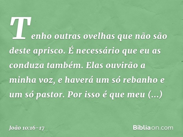 Tenho outras ovelhas que não são deste aprisco. É necessário que eu as conduza também. Elas ouvirão a minha voz, e haverá um só rebanho e um só pastor. Por isso