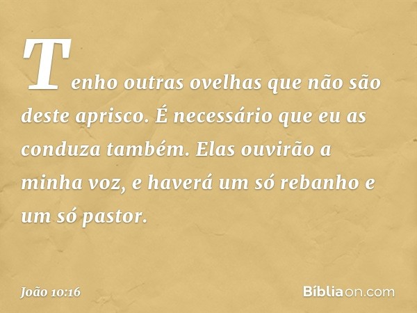 Tenho outras ovelhas que não são deste aprisco. É necessário que eu as conduza também. Elas ouvirão a minha voz, e haverá um só rebanho e um só pastor. -- João 