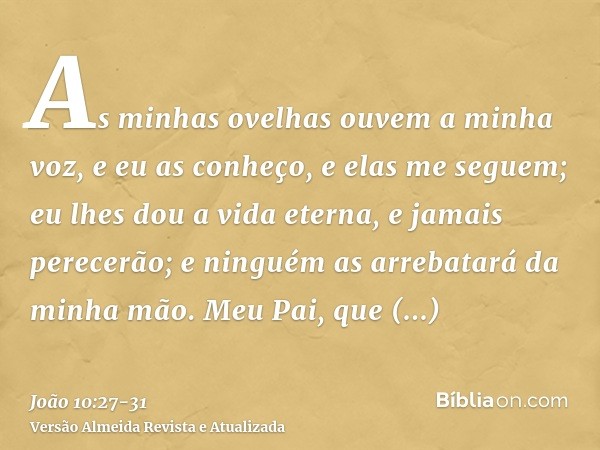 As minhas ovelhas ouvem a minha voz, e eu as conheço, e elas me seguem;eu lhes dou a vida eterna, e jamais perecerão; e ninguém as arrebatará da minha mão.Meu P