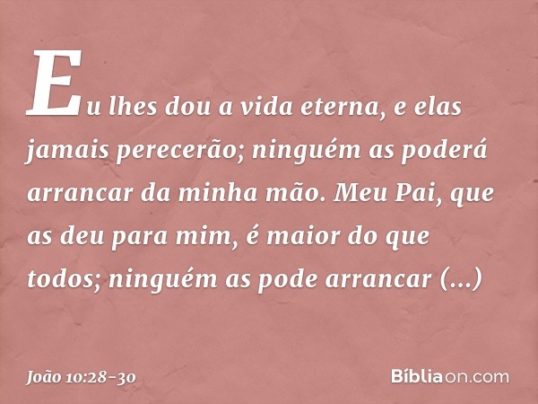 Eu lhes dou a vida eterna, e elas jamais perecerão; ninguém as poderá arrancar da minha mão. Meu Pai, que as deu para mim, é maior do que todos; ninguém as pode