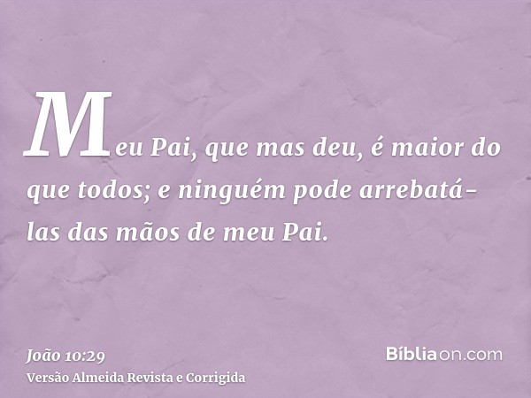 Meu Pai, que mas deu, é maior do que todos; e ninguém pode arrebatá-las das mãos de meu Pai.