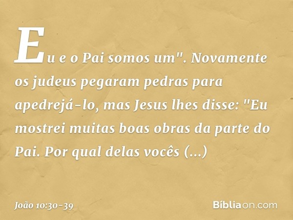 Eu e o Pai somos um". Novamente os judeus pegaram pedras para apedrejá-lo, mas Jesus lhes disse: "Eu mostrei muitas boas obras da parte do Pai. Por qual delas v