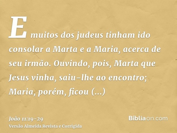 E muitos dos judeus tinham ido consolar a Marta e a Maria, acerca de seu irmão.Ouvindo, pois, Marta que Jesus vinha, saiu-lhe ao encontro; Maria, porém, ficou a