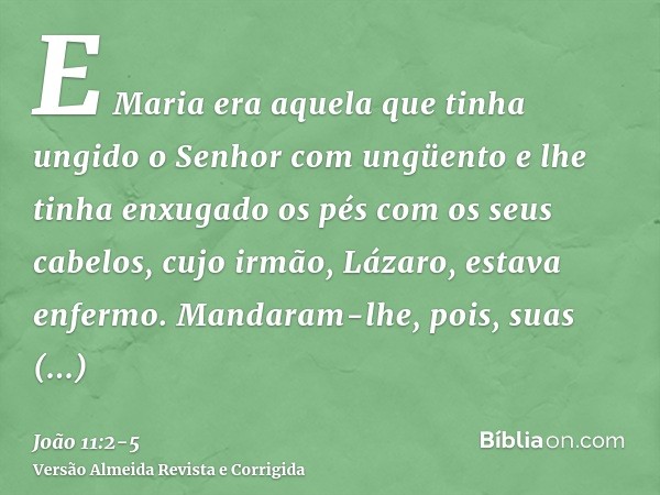E Maria era aquela que tinha ungido o Senhor com ungüento e lhe tinha enxugado os pés com os seus cabelos, cujo irmão, Lázaro, estava enfermo.Mandaram-lhe, pois