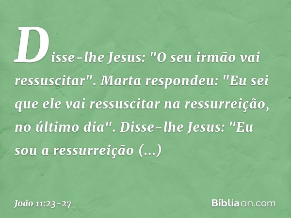 Disse-lhe Jesus: "O seu irmão vai ressuscitar". Marta respondeu: "Eu sei que ele vai ressuscitar na ressurreição, no último dia". Disse-lhe Jesus: "Eu sou a res