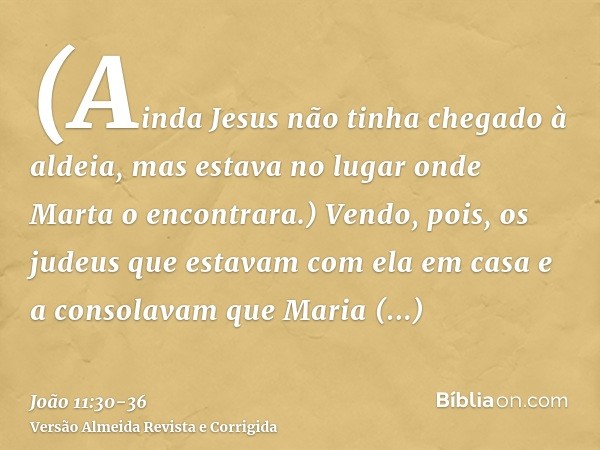 (Ainda Jesus não tinha chegado à aldeia, mas estava no lugar onde Marta o encontrara.)Vendo, pois, os judeus que estavam com ela em casa e a consolavam que Mari