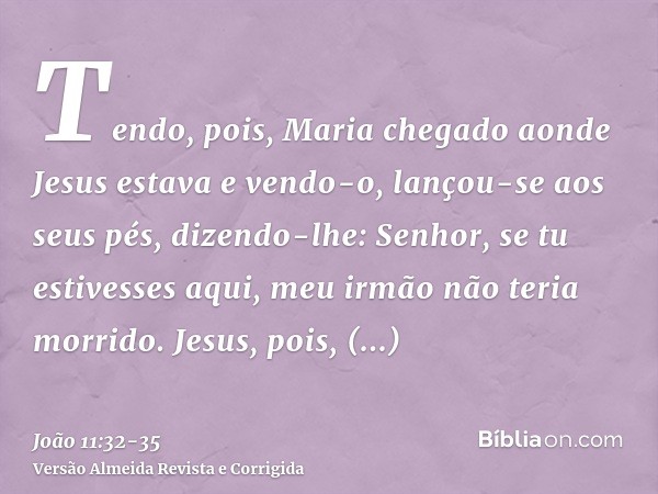 Tendo, pois, Maria chegado aonde Jesus estava e vendo-o, lançou-se aos seus pés, dizendo-lhe: Senhor, se tu estivesses aqui, meu irmão não teria morrido.Jesus, 