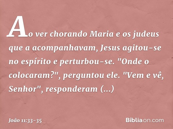 Ao ver chorando Maria e os judeus que a acompanhavam, Jesus agitou-se no espírito e perturbou-se. "Onde o colocaram?", perguntou ele.
"Vem e vê, Senhor", respon