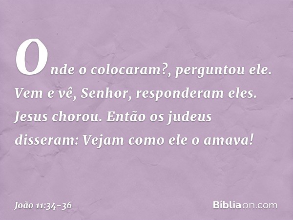 "Onde o colocaram?", perguntou ele.
"Vem e vê, Senhor", responderam eles. Jesus chorou. Então os judeus disseram: "Vejam como ele o amava!" -- João 11:34-36