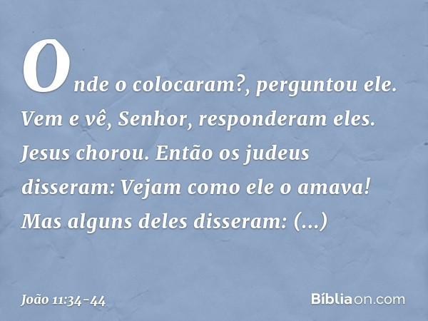 "Onde o colocaram?", perguntou ele.
"Vem e vê, Senhor", responderam eles. Jesus chorou. Então os judeus disseram: "Vejam como ele o amava!" Mas alguns deles dis