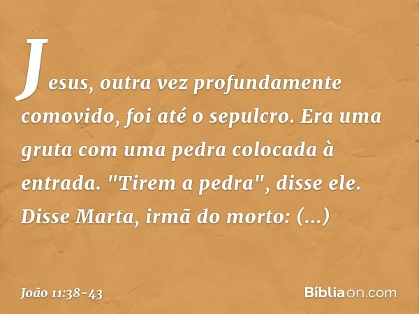 Jesus, outra vez profundamente comovido, foi até o sepulcro. Era uma gruta com uma pedra colocada à entrada. "Tirem a pedra", disse ele.
Disse Marta, irmã do mo