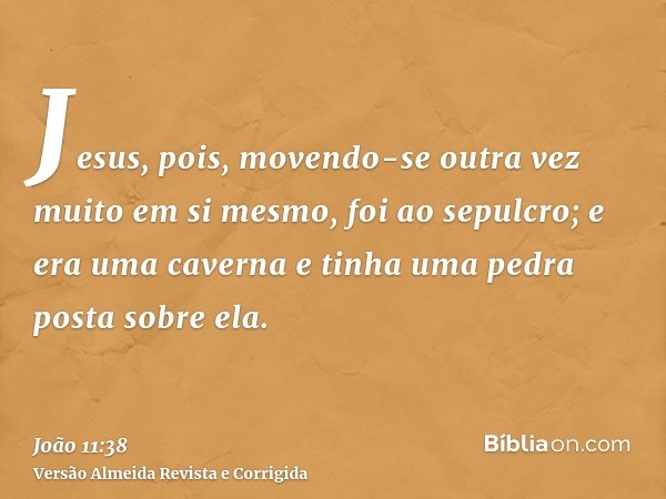 Jesus, pois, movendo-se outra vez muito em si mesmo, foi ao sepulcro; e era uma caverna e tinha uma pedra posta sobre ela.