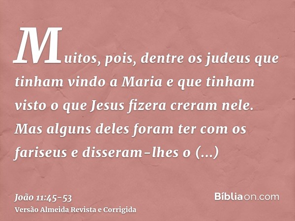 Muitos, pois, dentre os judeus que tinham vindo a Maria e que tinham visto o que Jesus fizera creram nele.Mas alguns deles foram ter com os fariseus e disseram-