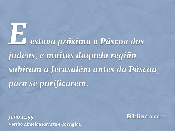 E estava próxima a Páscoa dos judeus, e muitos daquela região subiram a Jerusalém antes da Páscoa, para se purificarem.
