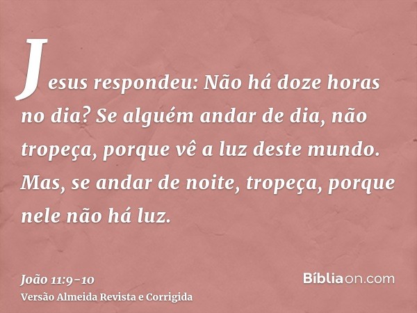 Jesus respondeu: Não há doze horas no dia? Se alguém andar de dia, não tropeça, porque vê a luz deste mundo.Mas, se andar de noite, tropeça, porque nele não há 