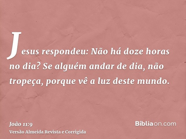 Jesus respondeu: Não há doze horas no dia? Se alguém andar de dia, não tropeça, porque vê a luz deste mundo.